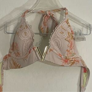 Nu Resort Bikini Top Bralette Gold V Center Floral Print Size 10 Padded
